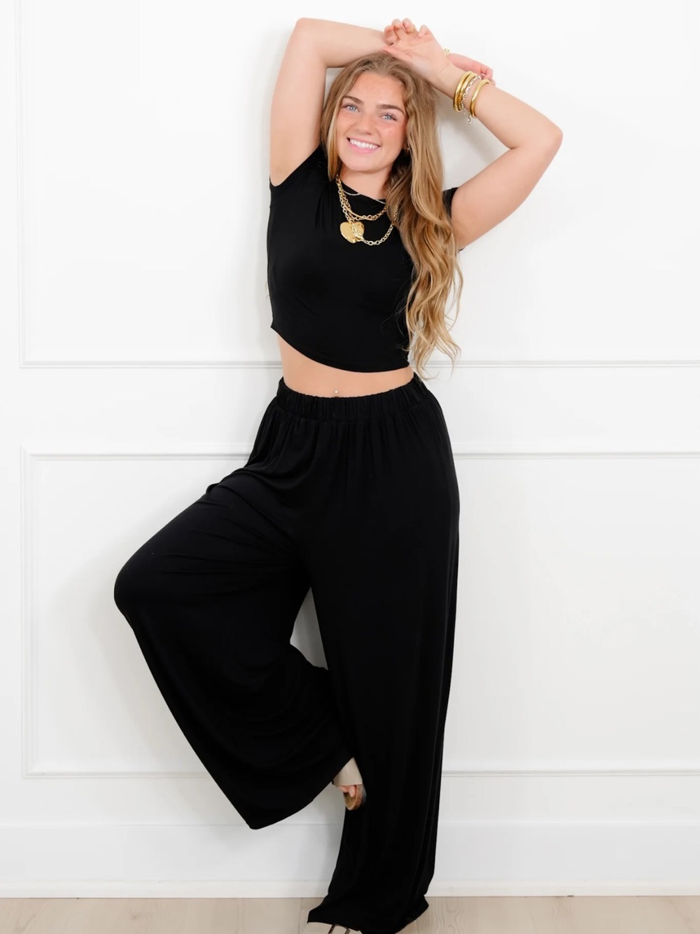 Black Wide-Leg Pants and Crop Top Set